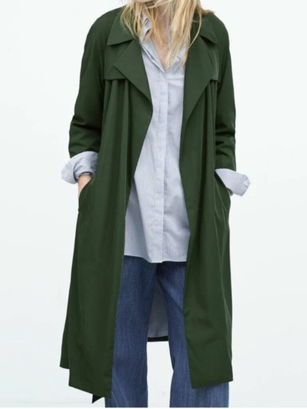 Zara Basic dark green silky flowing trench coat